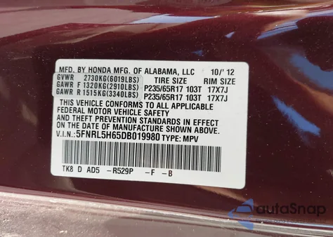 2013 Honda Odyssey Ex-L z USA, uszkodzony, nr VIN 5FNRL5H65DB019980
